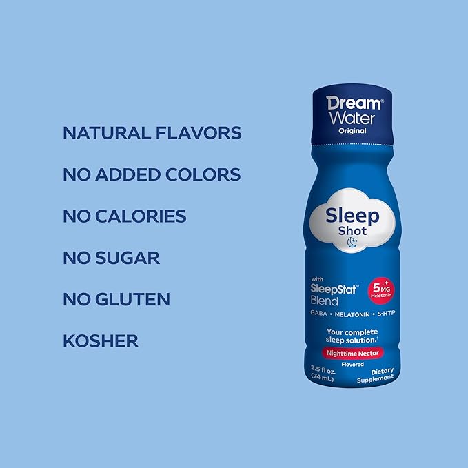 Dream Water Sleep Aid Supplement Drink; Melatonin 5mg, GABA, 5-HTP; Zero Sugar, Natural Flavors, No Added Colors, 2.5 oz Liquid Sleep Shots, Nighttime Nectar, 12-Count