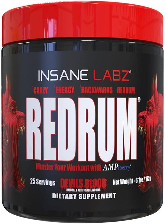 Insane Labz Redrum High Stim Pre Workout NO Booster Powder, Loaded with Beta Alanine Agmatine Sulfate Taurine Fueled by AMPiberry, OXYgold,Focus Strength Recovery,25 Srvgs Devil's Blood Black Cherry