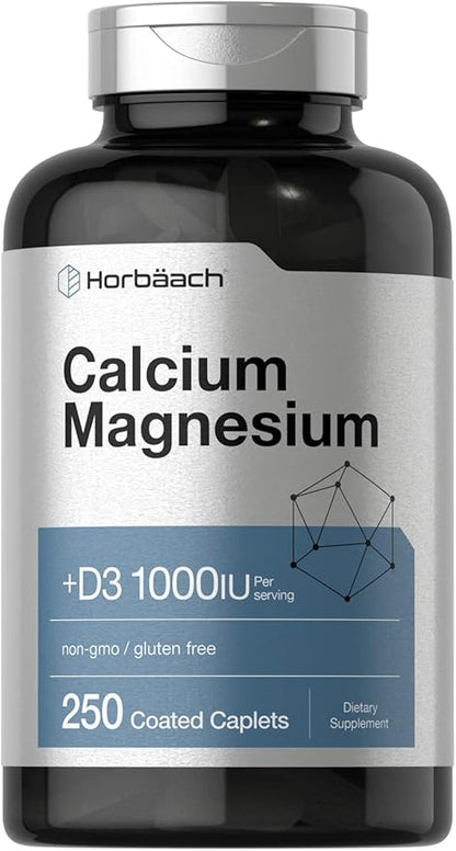 Horbäach Calcium Magnesium D3 Supplement | 1000 IU D3 | 250 Coated Caplets | Non-GMO & Gluten Free