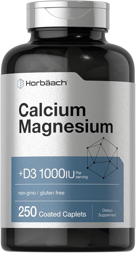 Horbäach Calcium Magnesium D3 Supplement | 1000 IU D3 | 250 Coated Caplets | Non-GMO & Gluten Free