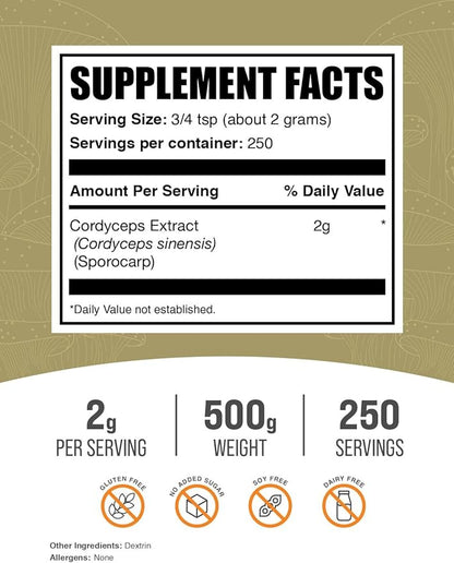 BulkSupplements.com Cordyceps Mushroom Extract Powder - Cordyceps Sinensis, Mushroom Supplement - Vegan & Gluten Free, 2g per Serving, 500g (1.1 lbs) (Pack of 1)