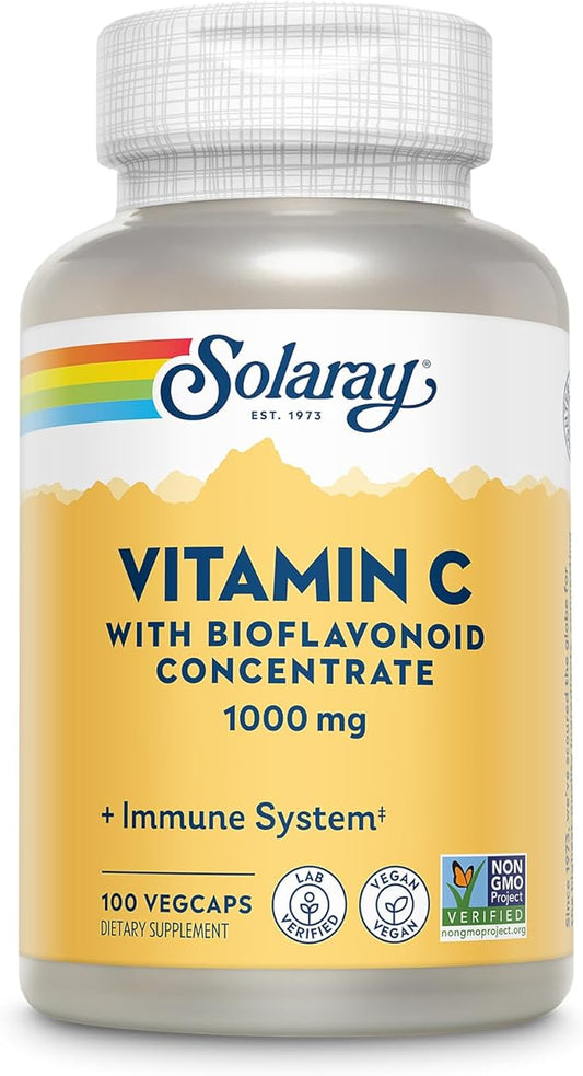 SOLARAY Vitamin C with Bioflavonoid Concentrate - Rose HIPS, Acerola Cherry and Bioflavonoids - Vitamin C 1000mg - Immune Function, Skin, Hair, Nails Support - Vegan - 100 Servings, 100 VegCaps