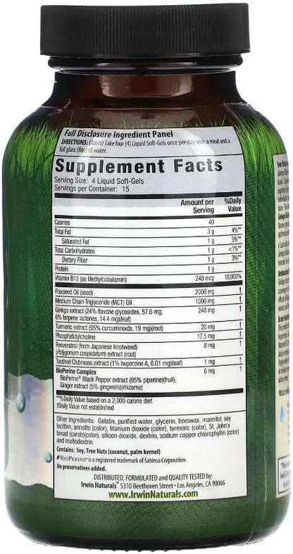 Irwin Naturals Double-Potency Ginkgo Biloba - 60 Liquid Soft-Gels, Pack of 2 - Brain Health Support - 30 Total Servings