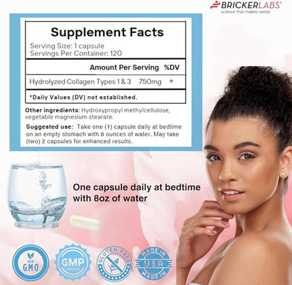 Collagen for Men & Women - Type I, III Hydrolized Collagen Supplement 750mg, 1 Collagen Capsule Daily - 120 Servings