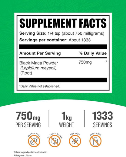BulkSupplements.com Black Maca Powder - Maca Supplement, from Black Maca Root - Black Raw Maca, for Men & Women - Vegan, Gluten Free, 750mg per Serving, 1kg (2.2 lbs) (Pack of 1)