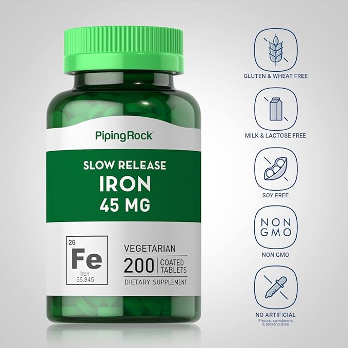 Piping Rock Iron Supplement 45 mg | 200 Tablets | for Women & Men | Slow Release Ferrous Sulfate | Vegetarian, Non-GMO & Gluten Free