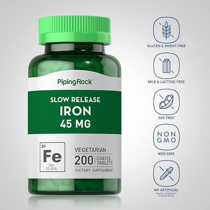 Piping Rock Iron Supplement 45 mg | 200 Tablets | for Women & Men | Slow Release Ferrous Sulfate | Vegetarian, Non-GMO & Gluten Free