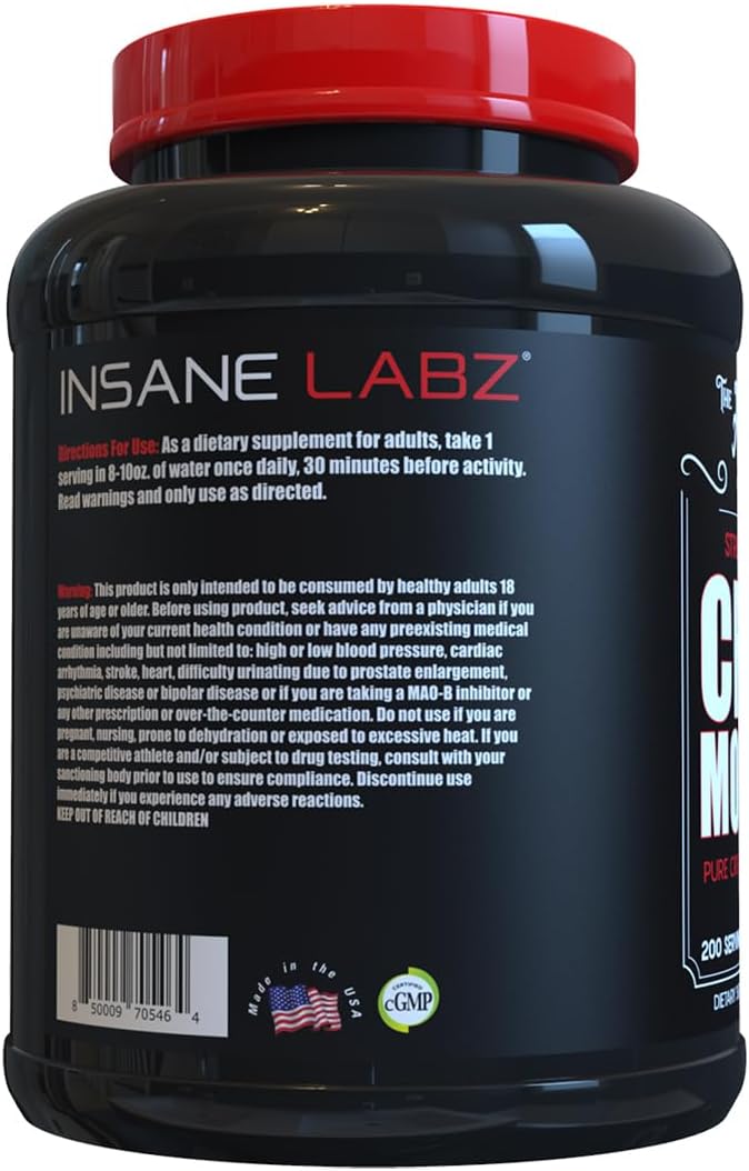 Insane Labz Insane Creatine Monohydrate Powder - Unflavored, Pre Workout, Post Workout, Strength Size Power, 200 Servings