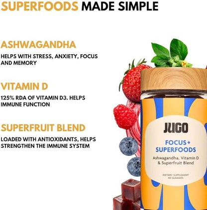 JUGO Focus + Superfood Gummies | Vitamin D & Ashwagandha | 40 Count | Focus & Mental Clarity for Adults | Gelatin-Free, Gluten-Free, Plant-Based, Non-GMO