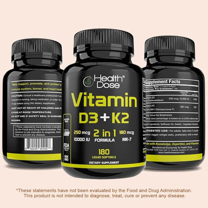 Vitamin D3 10,000 IU + K2 (MK7) Supplement, 2-in-1 Formula, Immune Support, a Healthy Mood, Heart, Joint, Teeth, Bone Health, Calcium Absorption, 180 softgels. (2)