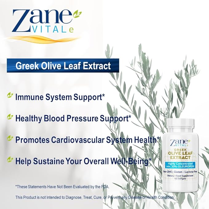 Zane Greek Olive Leaf Extract - min. 20% Oleuropein - Provides Immune and Healthy Blood Pressure Support, Promotes Cardiovascular System Health - 60 Capsules Non-GMO, Gluten - Lactose – Paraben Free