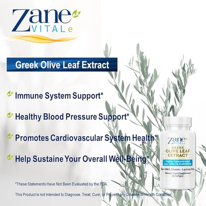 Zane Greek Olive Leaf Extract - min. 20% Oleuropein - Provides Immune and Healthy Blood Pressure Support, Promotes Cardiovascular System Health - 60 Capsules Non-GMO, Gluten - Lactose – Paraben Free