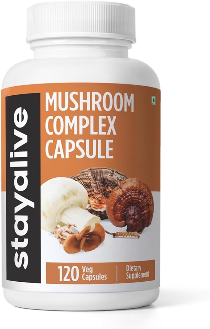STAY ALIVE Mushroom Complex 1000mg, 6-in-1 Mushroom Supplement w/Lions Mane, Reishi, Chaga, Cordyceps, Maitake and Turkey Tail Extract Powder, 120 Vegan Pills, Non-GMO & Gluten Free Herbal Capsules