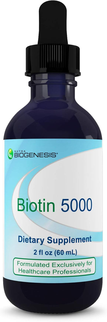Nutra BioGenesis Biotin 5000 - Liquid Biotin Drops for Hair Skin and Nails, Pure Supplement for Women and Men, 5000mcg Per Serving - 2 Fl Oz (59 mL) Glass Bottle