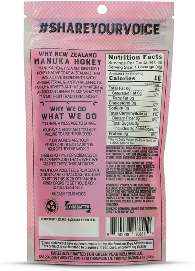 Vocal Eze Manuka Honey Strawberry Menthol Cough Drops (20) | Lozenges to Relieve Sore, Hoarse, Fatigue, Dryness of Throat | Voice Support, All Natural and Organic Ingredients UMF 10+ (MGO 265+)