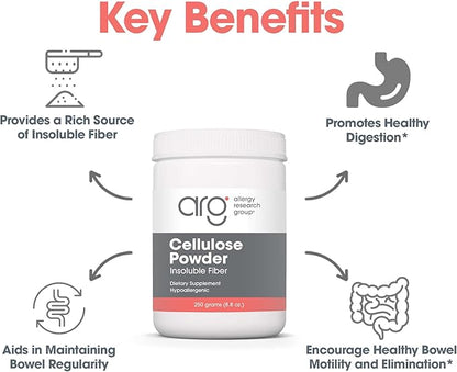 Allergy Research Group Cellulose Powder - Microcrystalline Cellulose Powder, 2000mg Insoluble Fiber Supplement, Powdered Cellulose, Non-Fermentable, Hypoallergenic - 8.8 Oz