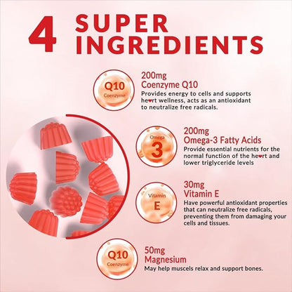 Sugar Free CoQ10 Gummies 200 MG, Coenzyme Q10 (Ubiquinone) Gummies for Adults, Co Q10 Supplement with Omega-3, Vitamin E & Magnesium - Energy, Brain and Antioxidant Support