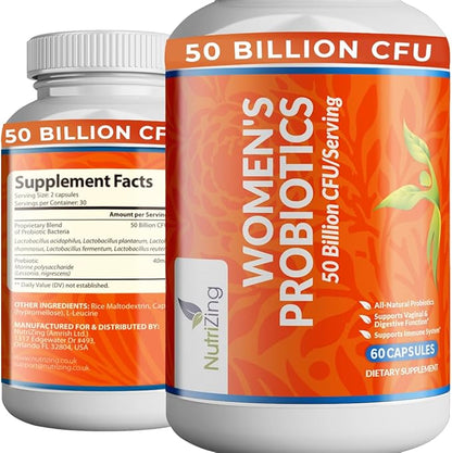 NutriZing Womens Probiotic for Gut Health - 50 Billion CFU - Prebiotics and Probiotics for Women Digestive Health & pH Balance - Lactobacillus Reuteri & Rhamnosus Supplements - Vaginal Support