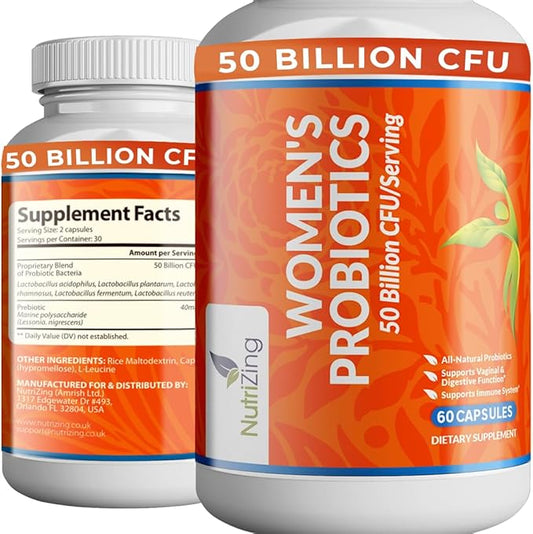 NutriZing Womens Probiotic for Gut Health - 50 Billion CFU - Prebiotics and Probiotics for Women Digestive Health & pH Balance - Lactobacillus Reuteri & Rhamnosus Supplements - Vaginal Support