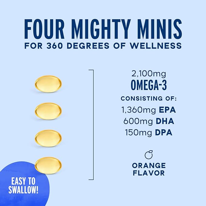 Oceanblue Professional Omega-3 2100 Minis – 120 ct – Triple Strength Burpless Fish Oil Supplement with High-Potency EPA, DHA, DPA – Orange Flavor (30 Servings)