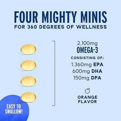 Oceanblue Professional Omega-3 2100 Minis – 120 ct – Triple Strength Burpless Fish Oil Supplement with High-Potency EPA, DHA, DPA – Orange Flavor (30 Servings)