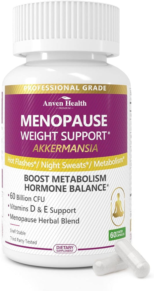 Akkermansia Probiotics for Women in Menopause – 60 Billion CFU for Gut, Metabolism & Hormonal Balance – Non-GMO, Vegan, with Herbal Support, Calcium, Prebiotics & Vitamins | 60 Capsules