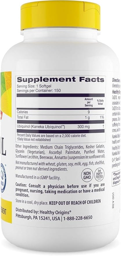 Healthy Origins Ubiquinol (Active Form of CoQ10), 300 mg - Kaneka Ubiquinol Supplements for Heart Health & Antioxidant Support - Gluten-Free & Non-GMO Supplement - 150 Softgels