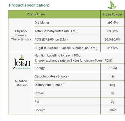 Jetsu Inulin Powder Organic Chicory Root (FOS) - Soluble Inulin Fiber Prebiotic Intestinal Support, Enhances Calcium Absorption, Stimulates Friendly Bacteria, Promotes Prebiotic Growth, 8oz