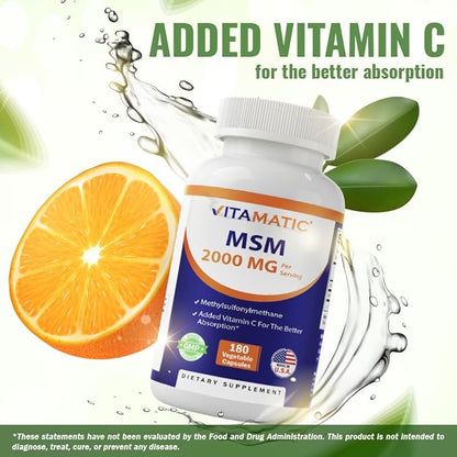 Vitamatic MSM 2000 mg with Vitamin C 75mg per Serving - 180 Veg Capsules - Vitamin C Aid in Better absopriton of MSM (Methylsulfonylmethane) - Non-GMO & Gluten Free