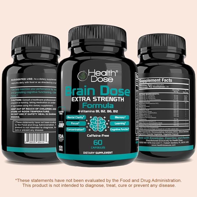 Brain Dose Premium Nootropics - Caffeine-Free Extra Strength Formula for Men & Women - Supports Brain Health, Cognitive Focus & Memory Retention, Pack of 5.