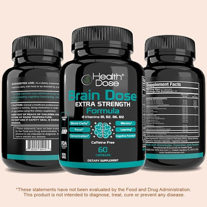 Brain Dose Premium Nootropics - Caffeine-Free Extra Strength Formula for Men & Women - Supports Brain Health, Cognitive Focus & Memory Retention, Pack of 5.