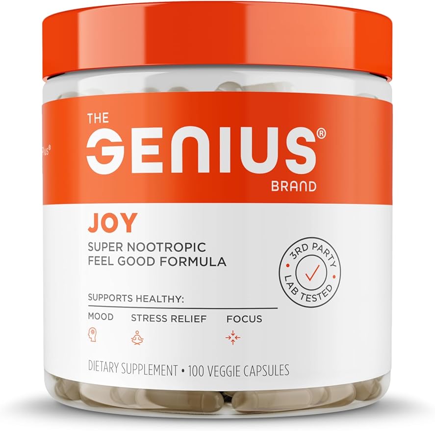Genius Joy, Nootropic Mood Enhancer Supplement - Support Cognitive Health, Enhance Mood & Neural Function with Brain Boosting L-Theanine, Panax Ginseng & SAM-e - Organic, Non-GMO, & Gluten-Free
