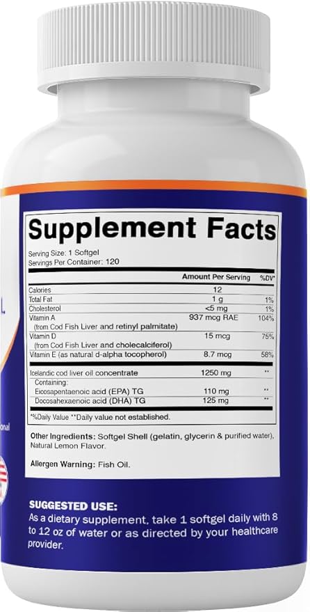 Vitamatic 2 Pack Icelandic Cod Liver Oil Capsules 1250mg 120 Softgels (Lemon Flavor) - Promotes Cardiovascular Health