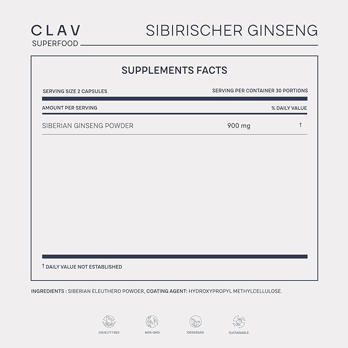 CLAV® Siberian Ginseng - 900mg Eleuthero Root Powder - Energy Supplement - Reduction of Tiredness & Fatigue - 60 Ginseng Capsules - Made in Germany