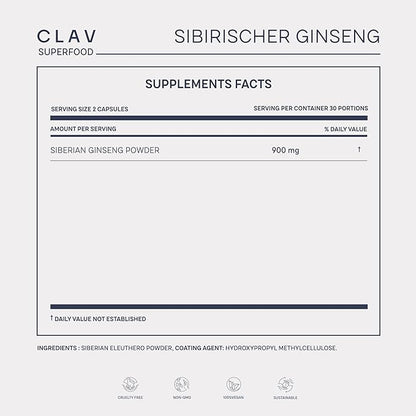 CLAV® Siberian Ginseng - 900mg Eleuthero Root Powder - Energy Supplement - Reduction of Tiredness & Fatigue - 60 Ginseng Capsules - Made in Germany