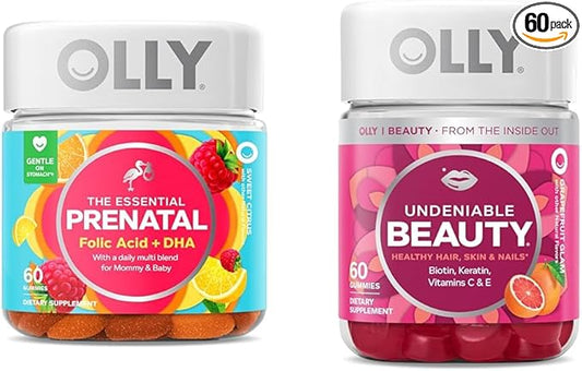 OLLY The Essential Prenatal Gummy Multivitamin, 30 Day Supply (Gummies), Sweet, Folic Acid & Undeniable Beauty Gummy, for Hair, Skin, Nails, Biotin, Vitamin C, Keratin
