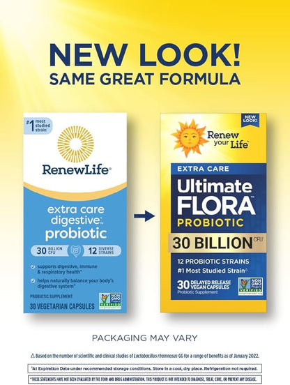 Ultimate Flora Probiotics 30 Billion CFU Delayed Release Vegan Capsules | Extra Care | Digestive Health | Immune Health | Dairy Free | 30 Count
