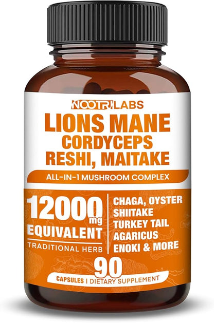 Mushroom Complex 12000mg Capsules - Lions Mane, Cordyceps, Reshi, Maitake - Nootropics Brain, Boosts Memory, Energy, Cognitive Function & Improves Focus, Immune System, Antioxidant - 90 Vegan Capsules