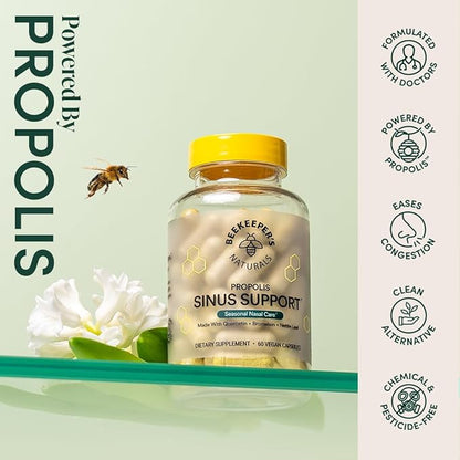 Beekeeper's Naturals All Natural Sinus Support for Adults, Seasonal Nasal Care Relief with Propolis, Quercetin, Bromelain, Nettle Leaf, & Vegan Capsule, Blocks or Suppresses Histamine, 60 ct
