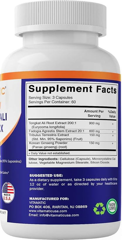 Vitamatic Tongkat Ali Extract 200 :1 Extract for Men (Longjack) Eurycoma Longifolia - 1800 mg Per Serving - Made with Fadogia Agrestis 20:1 Extract, Tribulus 95% & Panax Ginseng - 180 Capsules