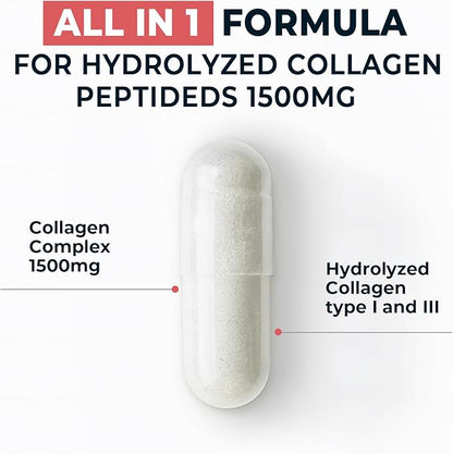 Collagen Complex Premium Supplement 1500 Mg Collagen Type I and III Hydrolyzed Multi Collagen Capsules Support Healthier Hair Skin Bone & Joints Non GMO 120 Veggie Capsules Made in USA