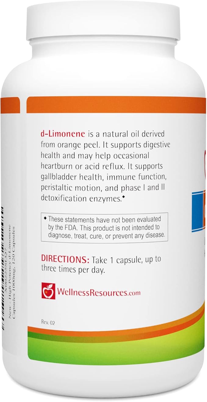 Wellness Resources High Potency d-Limonene Capsules 1000mg, 120 Capsules - Orange Peel Extract for Digestive Health, Heartburn, Acid Reflux, Detoxification