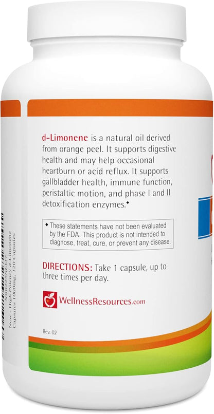 Wellness Resources High Potency d-Limonene Capsules 1000mg, 120 Capsules - Orange Peel Extract for Digestive Health, Heartburn, Acid Reflux, Detoxification