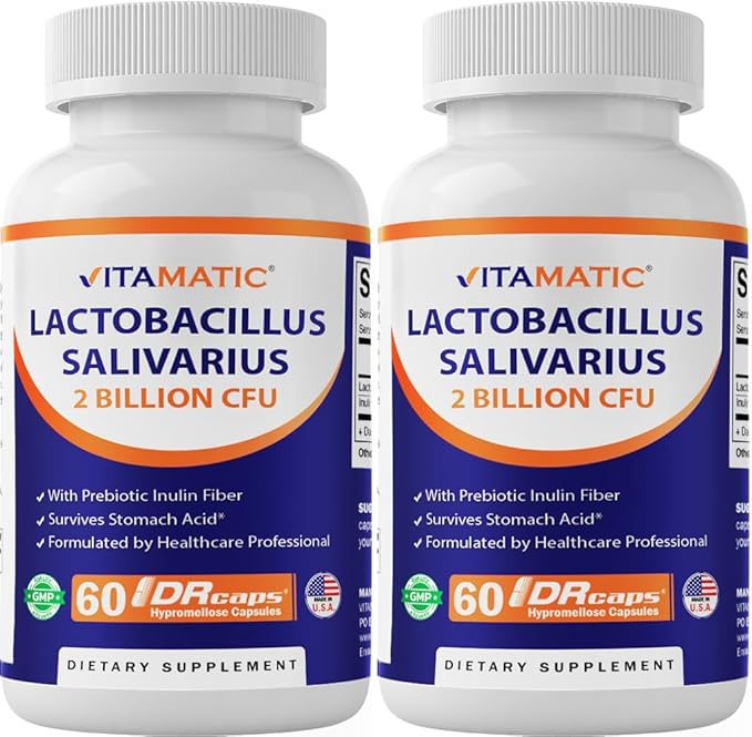 Vitamatic Lactobacillus Salivarius 2 Billion per DR Capsule - 60 Count - Digestive Support - Made with Prebiotic Inulin Fiber (2 Bottles)