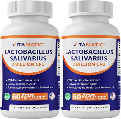Vitamatic Lactobacillus Salivarius 2 Billion per DR Capsule - 60 Count - Digestive Support - Made with Prebiotic Inulin Fiber (2 Bottles)
