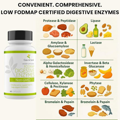 FODMAP Digestive Enzymes Certified| No High FODMAP inulin| FODMAP Keto Carnivore Intolerance Support| 18 Multi Enzyme Amylase Bromelain Lipase Lactase Protease Papain Alpha galactosidase & More No GMO