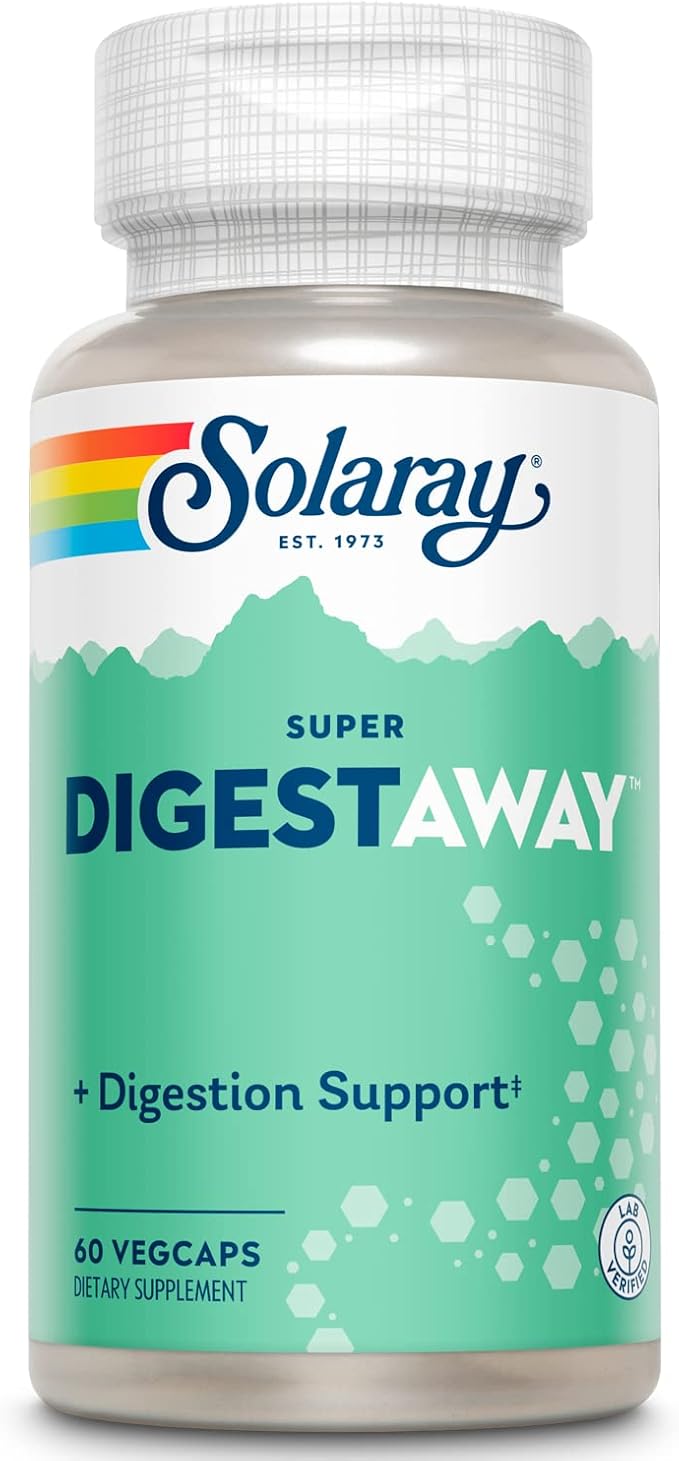 SOLARAY Super Digestaway Digestive Enzymes - Pancreatin, Papain, Ginger, Pepsin, Betaine HCl, Aloe Vera, and More - Digestion & Nutrient Absorption Support - Lab Verified - 60 VegCaps