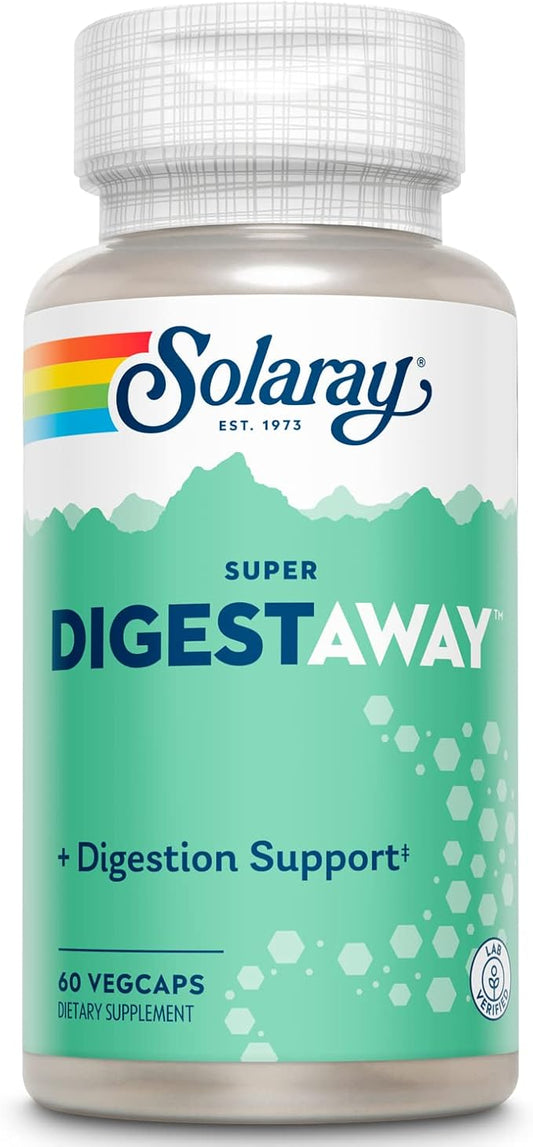 SOLARAY Super Digestaway Digestive Enzymes - Pancreatin, Papain, Ginger, Pepsin, Betaine HCl, Aloe Vera, and More - Digestion & Nutrient Absorption Support - Lab Verified - 60 VegCaps