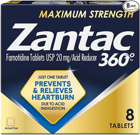 Zantac 360 Maximum Strength Tablets, 8 Count, Heartburn Prevention and Relief, 20 mg Tablets