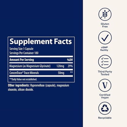 Trace Minerals Magnesium Glycinate 120mg - Bone Strength & Muscle Support - Magnesium Supplement to Aid Healthy Sleep Patterns & Relaxation - Support Nerve Function - 180 Capsules (180 Servings)